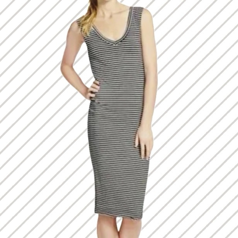 Leith Black and White Striped V-Neck Bodycon Midi Jersey Tank Dress